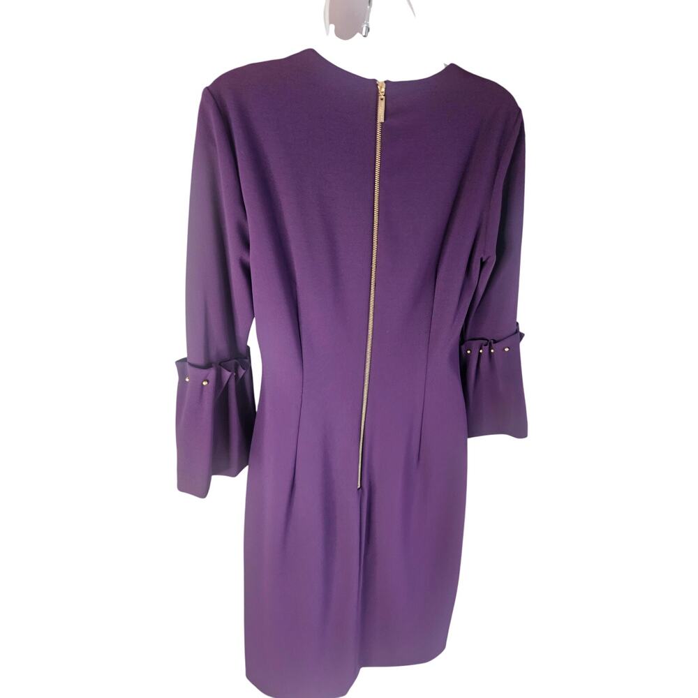 Donna Karen Plum Midi Dress Gold Hardware 3/4 Ruffled Sleeve Beaded Sz 10 - Picture 5 of 9